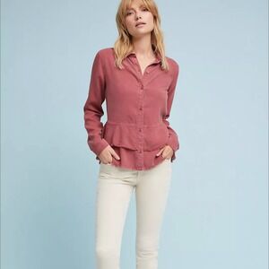 Cloth & Stone Red Rose Chambray Button Up Shirt Tiered Long Sleeve Size‎ XS